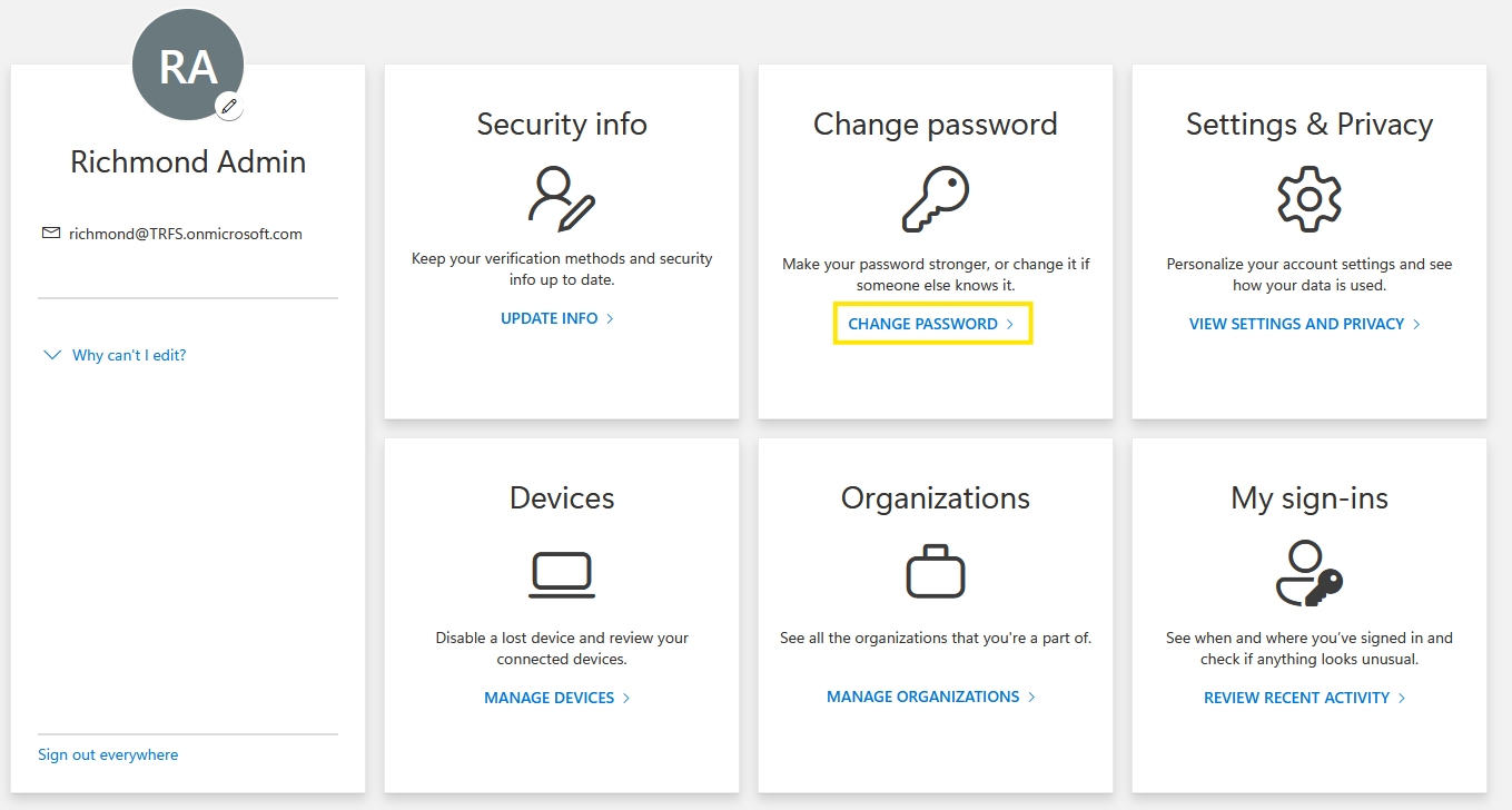 selecting change password