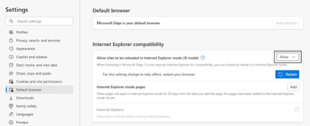 The 'allow' dropdown is highlighted under 'Internet explorer compatibility'