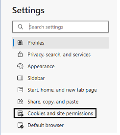 The settings menu with 'cookies and site permissions' highlighted in a black box