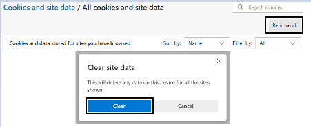 'Remove all' and then 'Clear' buttons are highlighted with black boxes on a screen about cookies and site data