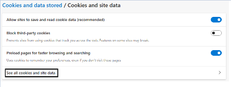 'See all cookies and site data' is highlighted in a black, on a screen about cookies and site data